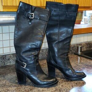 Michael Kors Black Leather Buckle Knee High Heel Boots 8